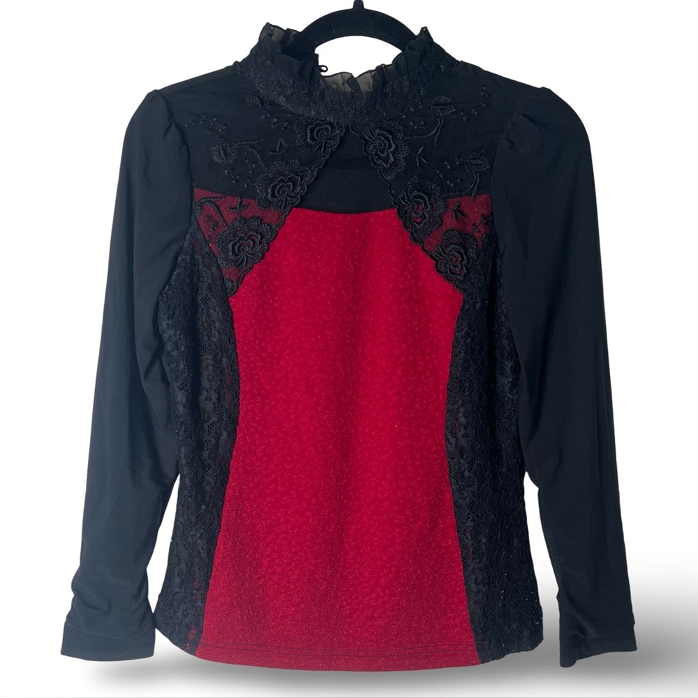 Gothic Lace Embroidered Red Black Long Sleeve Top – Sz. Approx S/M